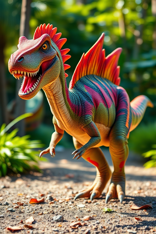 Regenerate an image of a Spinosaurus in an animated style, showcasing vibrant colors and dynamic pose, using a DSLR camera with a 50mm lens, aperture f/1.8, ISO 200, and a bright, natural lighting setup for enhanced detail and clarity.