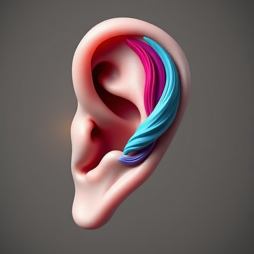 Create a detailed 3D rendering of a surreal ear with flowing colors, using a Canon EOS R5 with a 50mm f/1.2 lens, aperture set to f/2.8, ISO 100, shot in a studio with softbox lighting and a neutral background to enhance depth and detail.