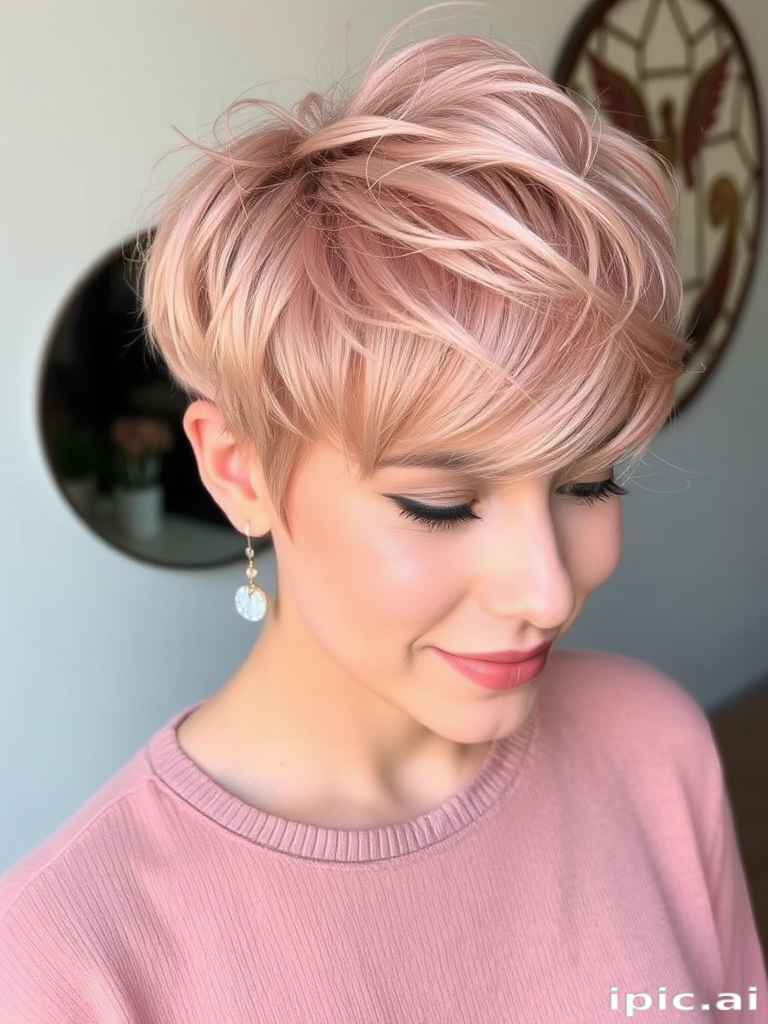 Soft rose gold pixie cut with textured layers and subtle glitter accents, creating a whimsical and feminine appearance named Pixie Dust Blush