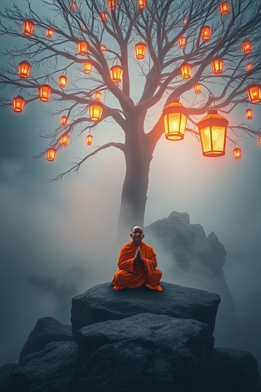A serene monk meditating on a rocky outcrop beneath a mystical tree adorned with glowing lanterns, surrounded by ethereal mist, captured with a Canon EOS R5, f/1.8 aperture, 35mm lens, soft focus, high dynamic range, vibrant colors.