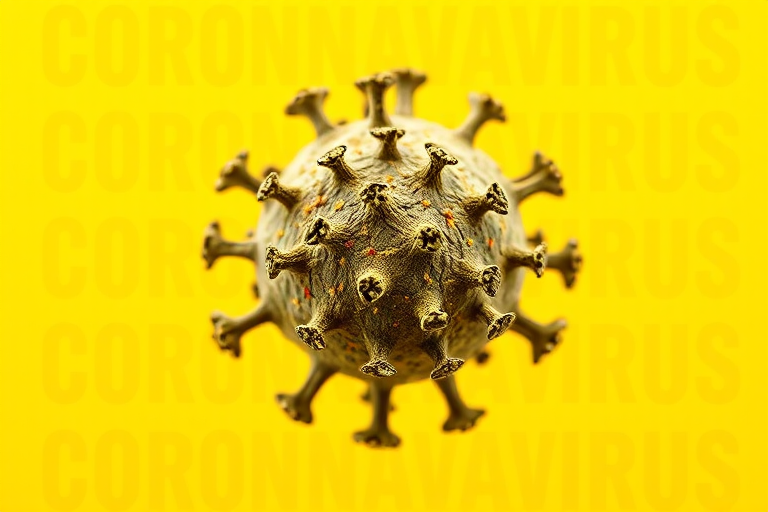 Create an artistic representation of a virus particle against a bright yellow background, with the word "CORONAVIRUS" repeatedly in bold typography; use a macro lens for close-up detail, aperture set to f/2.8, ISO 100, and a shallow depth of field for a soft background blur, shot with a DSLR camera.