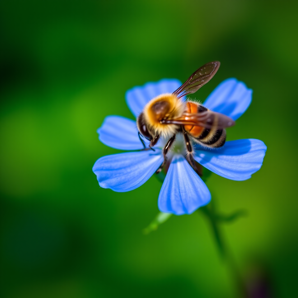 Close-up shot of a bee on a bright blue flower with green background, 50mm lens, f/2.8 aperture, ISO 100, 1/200 sec shutter speed, natural lighting, macro photography, DSLR camera.