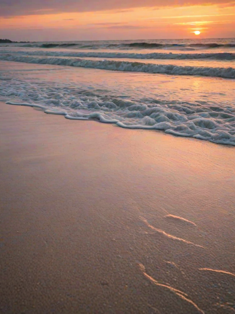 Soft-focus image of a tranquil beach at sunset, with soft waves gently lapping at the shore, and colorful skies reflected on the wet sand.