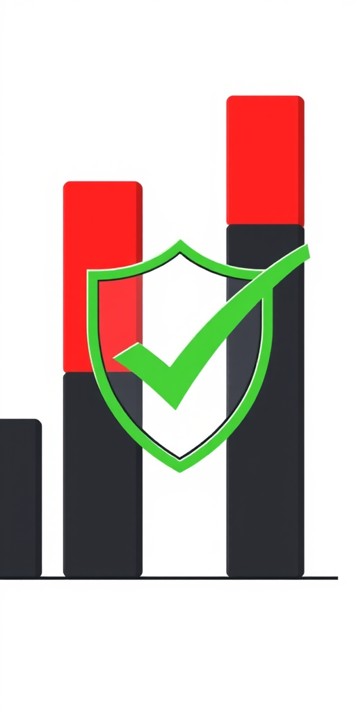 Create an illustration of a bar chart with red and black bars, a green checkmark shield overlaid, on a light gray background, using a high-resolution digital camera with a 50mm lens, f/1.8 aperture, ISO 100, and natural light for enhanced clarity and depth.
