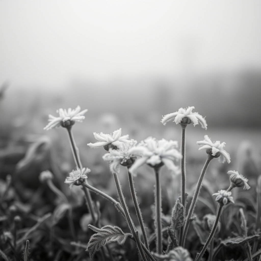 A close-up of frost-covered flowers in a foggy landscape, captured with a Canon EOS R5, 50mm lens, f/2.8 aperture, ISO 200, 1/200 sec shutter speed, in black and white with soft focus background for depth.