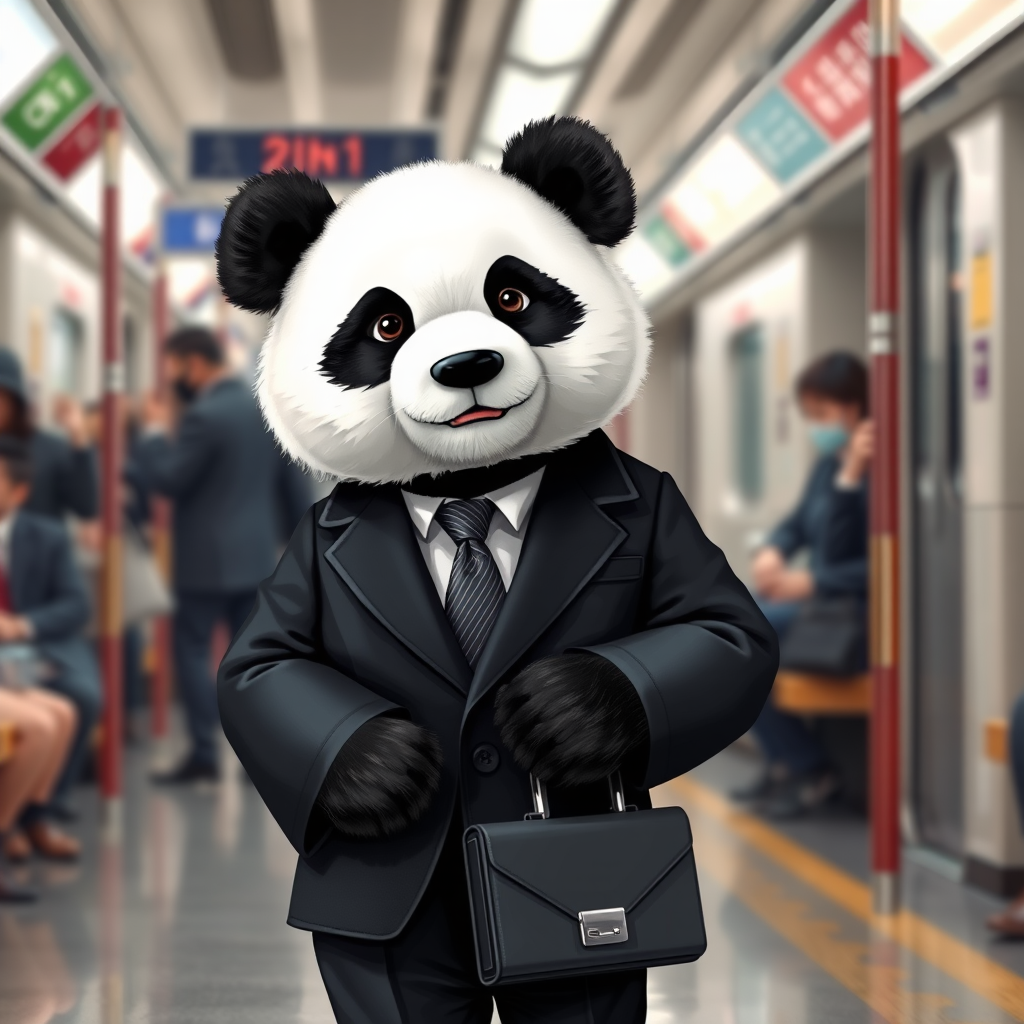 The image is a high-resolution photograph of a charming panda named Huahua, depicted in a bustling subway station. Huahua has her distinctive black and white fur, and she is dressed in a crisp business suit, complete with a tie and a small briefcase in her paw. The suit is neatly tailored, with sharp lines and a professional look that contrasts with her fluffy fur.