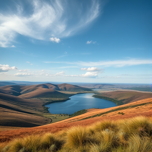 Create a high-resolution image of a serene landscape featuring rolling hills, a calm lake reflecting the sky, and a few scattered clouds, captured with a Canon EOS R5, 24mm f/1.4 lens, aperture set to f/8, ISO 100, shutter speed 1/250 sec, in natural daylight with a wide-angle view.