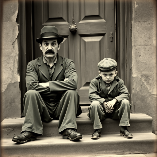 A black-and-white photograph of a man and a child sitting on steps in front of a doorway. The man is dressed as a tramp with a bowler hat, mustache, and ragged clothes, reminiscent of Charlie Chaplin's iconic look. He is sitting with his arms crossed and an expression of slight sadness or frustration. Next to him is a young boy, also in worn clothes and a cap, sitting with his hands clasped, looking thoughtful. The background is an old, textured wall and a partially open door, creating a vintage, early 20th-century atmosphere.