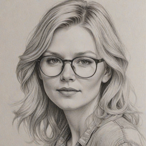 Charming Kirsten Dunst, pencil sketch, portrait of Enticing woman 1980s in glasses, hair style beatnik, outline, clear lines, fine lines, 8k