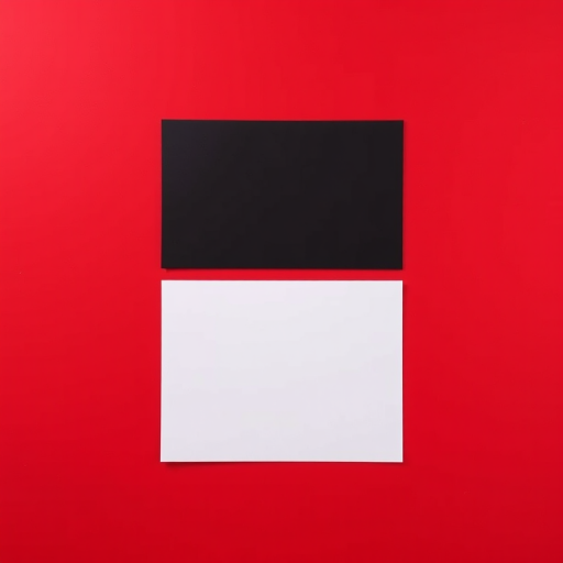 Create a flat design image featuring a black rectangle on the top left, a white rectangle beneath it, and a large red background, captured with a DSLR camera at f/8 aperture, ISO 100, 50mm lens, in landscape orientation, using a high dynamic range style for enhanced detail and color vibrancy.