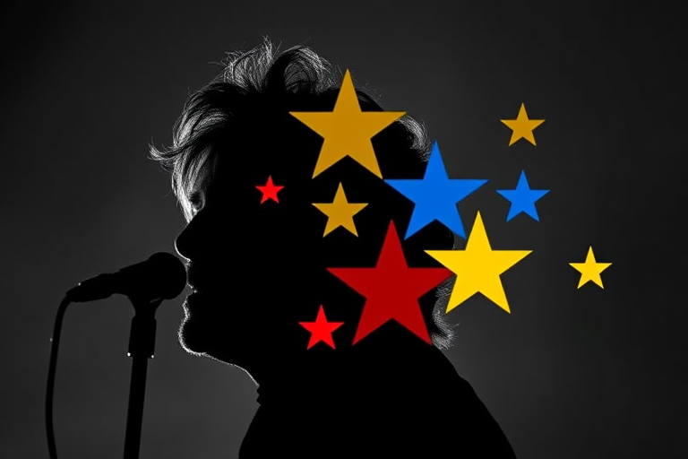 Create a high-contrast black and white silhouette of a famous musician, featuring vibrant stars in red, yellow, and blue, shot with a DSLR camera at f/2.8 aperture, ISO 100, 50mm lens, at eye level with a soft focus background.