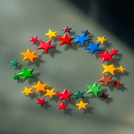 Create a vibrant digital illustration of colorful stars arranged in a circular pattern on a transparent background, using a Canon EOS R5 camera with a 50mm lens at f/1.8, ISO 100, 1/200 sec, in soft natural lighting for enhanced color depth and clarity.