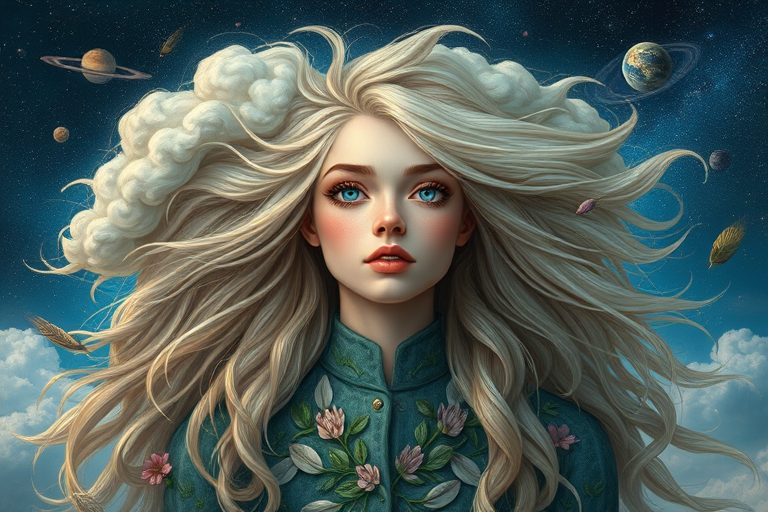 Create a series of imaginative portraits where each subject is infused with elements of fantasy and nature. The hair of the individuals should flow like clouds, varying from soft, fluffy cumulus to wispy cirrus strands, with hints of color reflecting a sunset or a clear blue sky. The eyes should be windows to entire galaxies, with stars, nebulae, and distant planets visible within them. Clothing should be adorned with nature motifs, such as floral patterns that bloom and change, vines that seem to grow and wrap around, or feathers that shimmer with iridescence. Each portrait should capture a unique personality, blending human features with the ethereal beauty of the natural and cosmic world. The backgrounds can vary, from starry night skies to enchanted forests, adding depth and context to the magical realism of the portraits