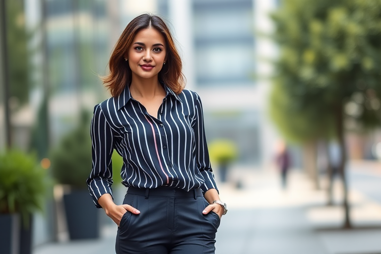 Create a hyper-realistic image of a confident woman in a fitted striped blouse and tailored pants, standing casually with a slight smile, captured with a DSLR camera using a 50mm lens at f/1.8, ISO 100, in natural light, with a shallow depth of field and a soft bokeh background.