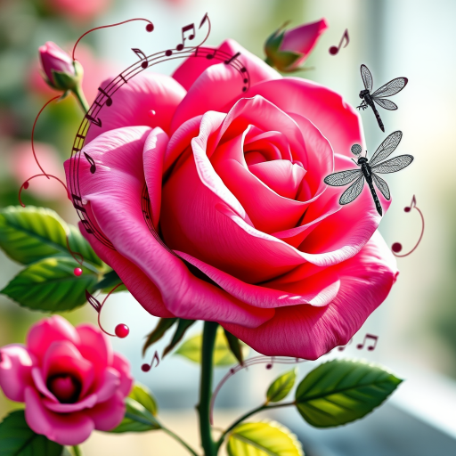 Create a vibrant and colorful illustration of a pink rose intertwined with musical notes and a dragonfly in a whimsical art style, captured with a Canon EOS R5, 50mm lens, f/1.8, ISO 100, in natural light with a shallow depth of field to enhance detail and richness in colors.