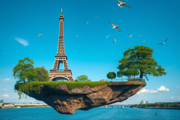 floating island with the Eiffel Tower surrounded by lush greenery and birds flying in a clear blue sky, captured with a Canon EOS R5, ISO 100, f/8 aperture, 24mm lens, shot in landscape mode for high detail and depth.