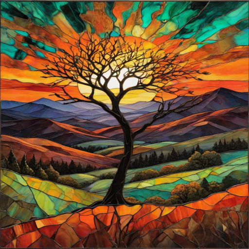 A vibrant abstract painting on Tiffany Glass, blending acrylic and alcohol ink techniques, captures a dramatic sunset over rolling hills. The artwork features a textured, rocky foreground in green and brown, layered abstract hills, and a striking sunset in rich oranges, yellows, and reds. A solitary black tree with intricate branches contrasts against the fiery sky, creating a dynamic and expressive portrayal of a breathtaking natural scene.