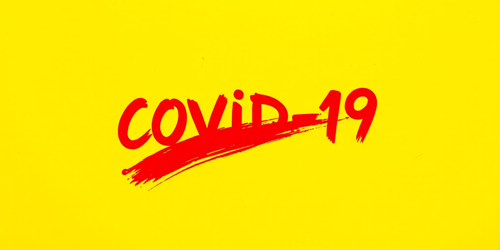 Create an image featuring the text "Covid-19" crossed out with bold red brush strokes on a bright yellow background, using a DSLR camera with a 50mm lens, aperture set to f/1.8 for shallow depth of field, shot from eye level to enhance visibility and clarity.