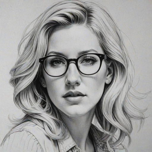 Captivating Ellie Goulding, pencil sketch, portrait of Magnificent woman 1946s in glasses, hair style beatnik, outline, clear lines, fine lines, 8k