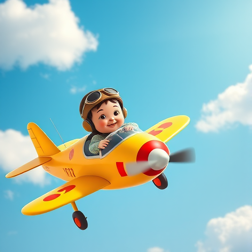 Create a colorful cartoon image of a smiling child aviator flying a bright yellow airplane with red details in a clear blue sky filled with fluffy white clouds, shot with a DSLR camera at f/8 aperture, 1/500s shutter speed, ISO 200, using a wide-angle lens for a playful perspective.