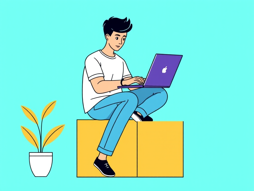Illustrate a person sitting on a cube working on a laptop, modern flat design, bright turquoise background, use a DSLR camera with a 50mm lens, aperture f/1.8, ISO 100, soft natural lighting, straight-on view for clarity.
