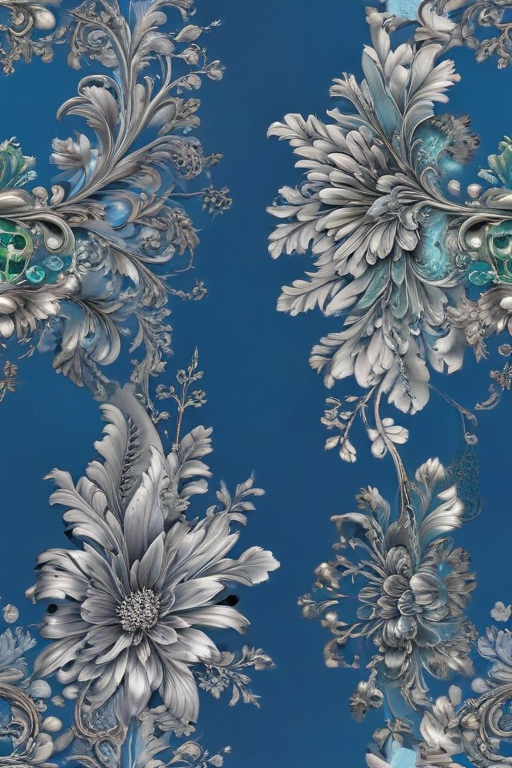 Elegant Floral Design with Intricate Silver Patterns on a Vibrant Blue ...