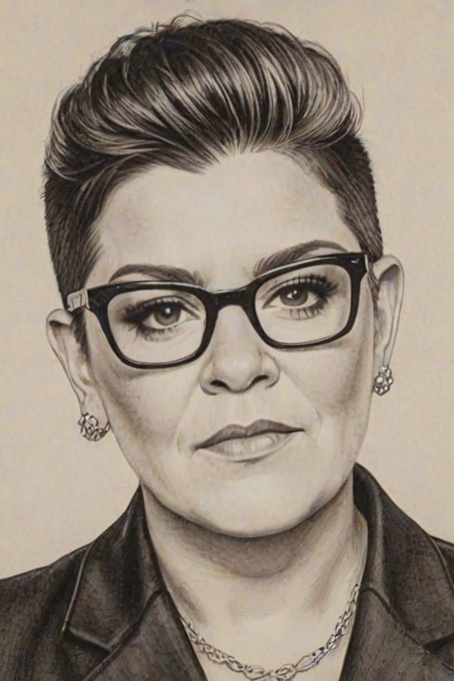 Ravishing Lea DeLaria, pencil sketch, portrait of Sublime woman 1923s in glasses, hair style beatnik, outline, clear lines, fine lines, 8k