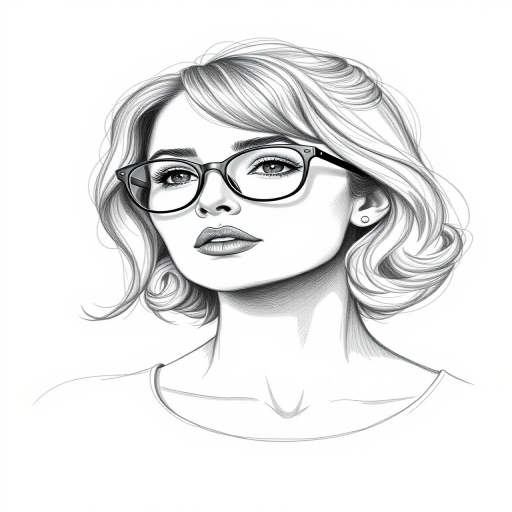 Beautiful Rosamund Pike, pencil sketch, portrait of beautiful woman 60s in glasses, hair style beatnik, outline, clear lines, fine lines, 8k