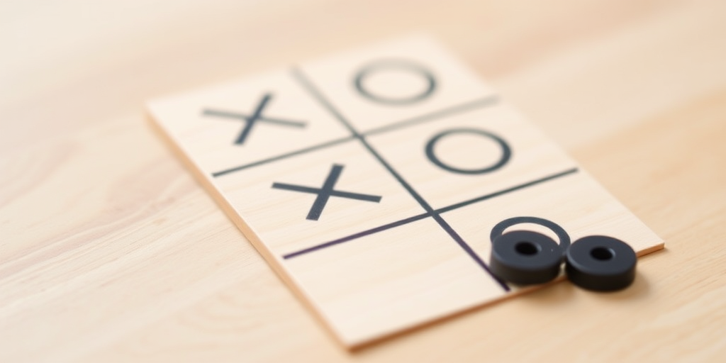 Capture a close-up shot of a wooden tic-tac-toe board with black X and O pieces on a soft blurred background, using a DSLR camera with a 50mm lens, aperture set to f/2.8, ISO 100, and natural lighting for enhanced image quality.