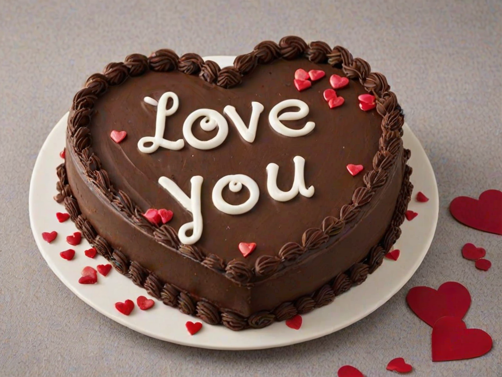 Create an image of a heart-shaped chocolate cake with the words "Love You" written on top. The cake should be decorated with intricate chocolate frosting swirls and small chocolate chips scattered around. The overall presentation should be elegant and inviting, set against a simple background.