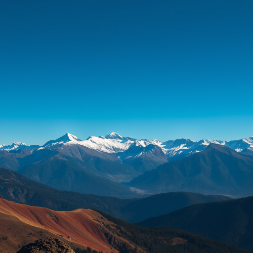 capture a panoramic view of a mountain landscape with snow-capped peaks under a clear blue sky, using a Canon EOS R5 with an RF 15-35mm f/2.8 lens at f/8, ISO 100, 1/250s, in a wide-angle perspective for enhanced detail and depth