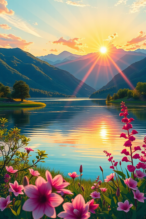 Create a vibrant landscape illustration featuring a serene lake, rolling mountains in the background, a colorful sunset with rays of light, lush green trees, and blooming flowers in the foreground, shot with a DSLR camera at f/8, ISO 100, and a focal length of 50mm from a low angle view.