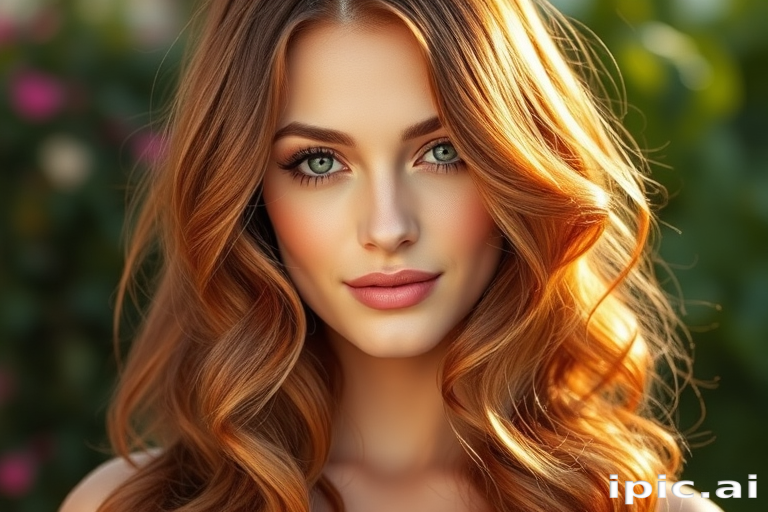 Elegant auburn tresses cascade in loose waves, framing a delicate face with soft curls that shimmer like copper in the sunlight, creating a romantic and feminine hairstyle called "Sunset Cascade"