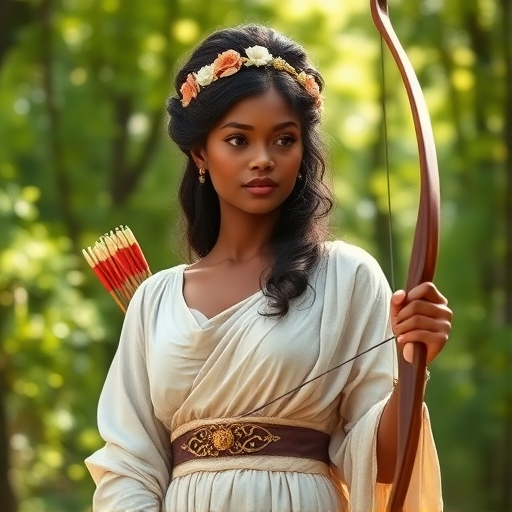 Create a portrait of a goddess-like Mulatto girl figure in a tranquil, forested environment. She has an elegant appearance with long, wavy hair styled in an updo and adorned with a delicate, floral headband. She wears a flowing, ancient Greek-inspired gown in a soft, pale color, featuring a one-shoulder design and draped fabric that accentuates her graceful form. The outfit includes a decorative belt with ornate gold detailing, and she holds a bow in her hand, with a quiver of arrows slung over her shoulder. The background depicts lush greenery, with sunlight filtering through the trees, casting a gentle, ethereal light on the scene. Her expression is calm and contemplative, embodying a sense of wisdom and serenity.
