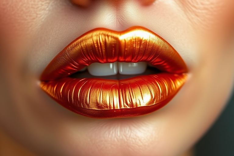Metallic copper lips with a foiled texture, titled "Penny Gleam," exhibit a warm, autumn-inspired hue and unique light-reflecting properties