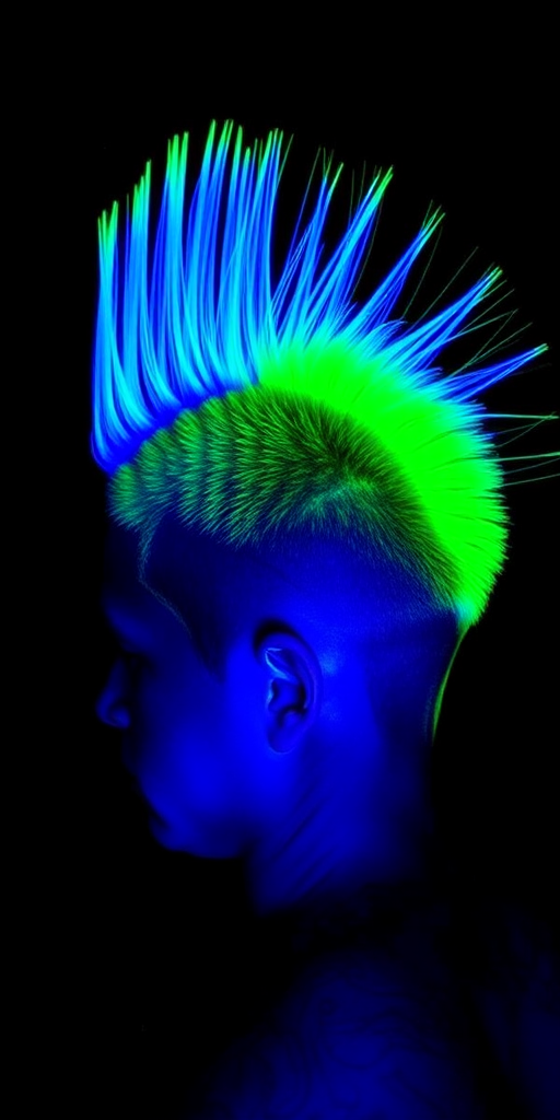 Neon green mohawk with shaved sides, designed by "Punk Peacock" stylists, featuring a tall, textured crest that gradually transitions to electric blue at the tips, accented by intricate, UV-reactive line work etched into the shaved portions, creating a bold, rebellious statement.