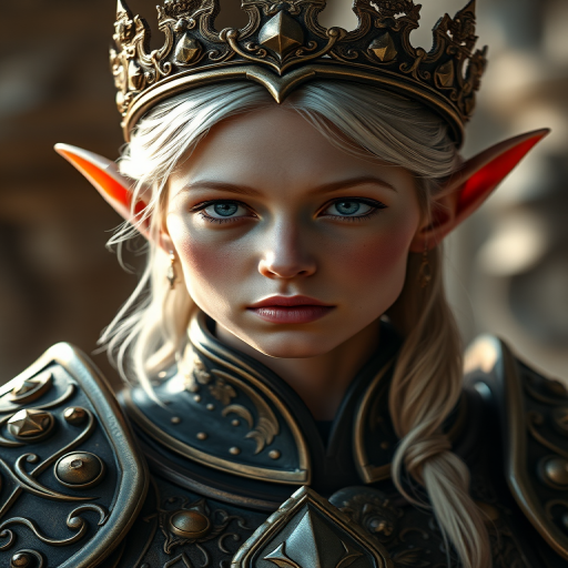 highly detailed portrait of an elf royal figure in ornate armor with a majestic crown, soft ethereal lighting, high dynamic range, shot with a Canon EOS R5 at 50mm f/1.2, ISO 100, natural light for depth and clarity, shallow depth of field emphasizing facial features
