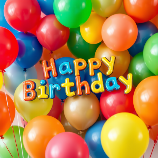 Create a vibrant birthday scene with colorful balloons in various shades of red, blue, green, yellow, and orange, displaying a cheerful "Happy Birthday" message in bold, playful letters, shot from a close-up angle using a DSLR camera at f/2.8 aperture, ISO 100, and a 50mm lens for a shallow depth of field.