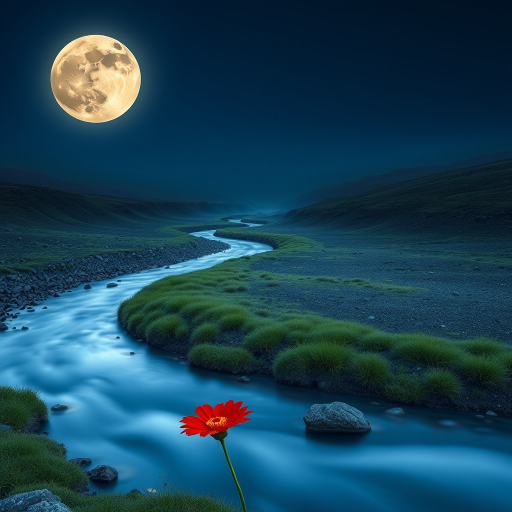 Create an ethereal landscape featuring a large glowing moon above a winding river leading to a single red flower, with soft lighting and high contrast, shot with a DSLR camera using a 50mm lens, aperture f/1.8, ISO 100, and a long exposure setting for enhanced clarity and depth.