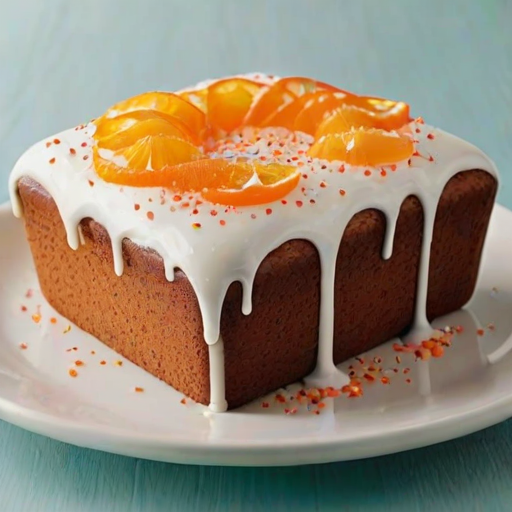 Create an image of a freshly baked loaf cake topped with a glossy white icing and sprinkled with bright orange zest. The cake should have a moist texture, with a few slices cut to reveal its fluffy interior. Include a vibrant orange slice next to the cake, with a clean, simple background that highlights the cake's colors and details.