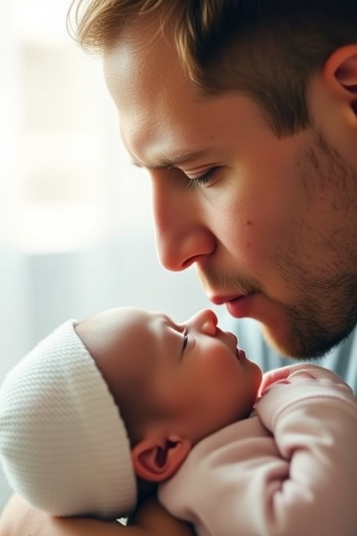 portrait of a father gently kissing his newborn baby, soft focus background, natural light, aperture f/2.8, shutter speed 1/125s, ISO 200, DSLR camera, close-up shot, warm tones