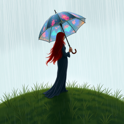 A surreal hand-drawn digital artwork depicting a mysterious red-haired woman standing on a grassy hill under the rain. She holds an umbrella crafted from iridescent zircon, its vibrant sheen contrasting with the soft, rainy atmosphere. The scene feels dreamlike, blending the natural elements of the hill and rain with the otherworldly shimmer of the umbrella.