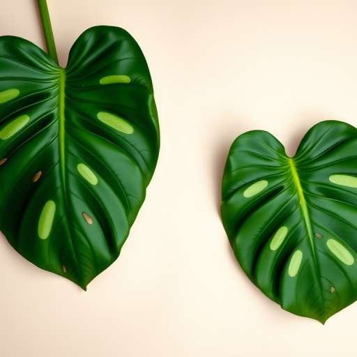 Regenerate an abstract composition featuring two green monstera leaves on a soft, neutral background, using a Canon EOS R5 with a 50mm lens, aperture f/2.8, ISO 100, and a top-down view for enhanced depth and clarity.
