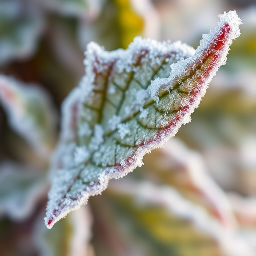 close-up of frosted leaves with delicate crystalline ice on edges, natural light, shallow depth of field, macro lens, aperture f/2.8, shutter speed 1/200 sec, ISO 100, DSLR camera, soft bokeh background