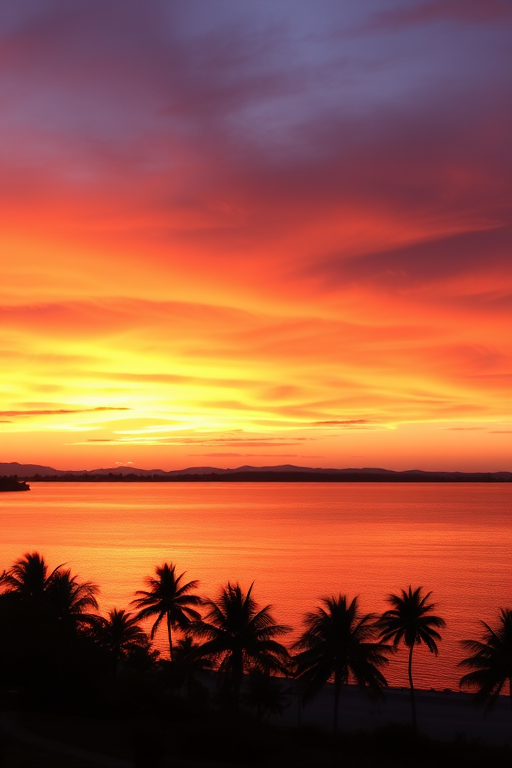sunset over a calm lake with vibrant orange and purple hues in the sky, silhouettes of palm trees in the foreground, shot with a DSLR camera at f/8 aperture, ISO 200, 1/200 sec shutter speed, landscape orientation, golden hour lighting