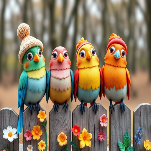 create a scene of 4 quirky  whimsical colourful comical birds each with a funny expression. they are sat on a wooden fence with colourful flowers. they are all different sizes. each one is a different colour  one is wearing a woolly hat. Each one has a different quirky google expression and there is a muted background of trees watercolour paintierly style high definition 8k resolution 3D paper mache