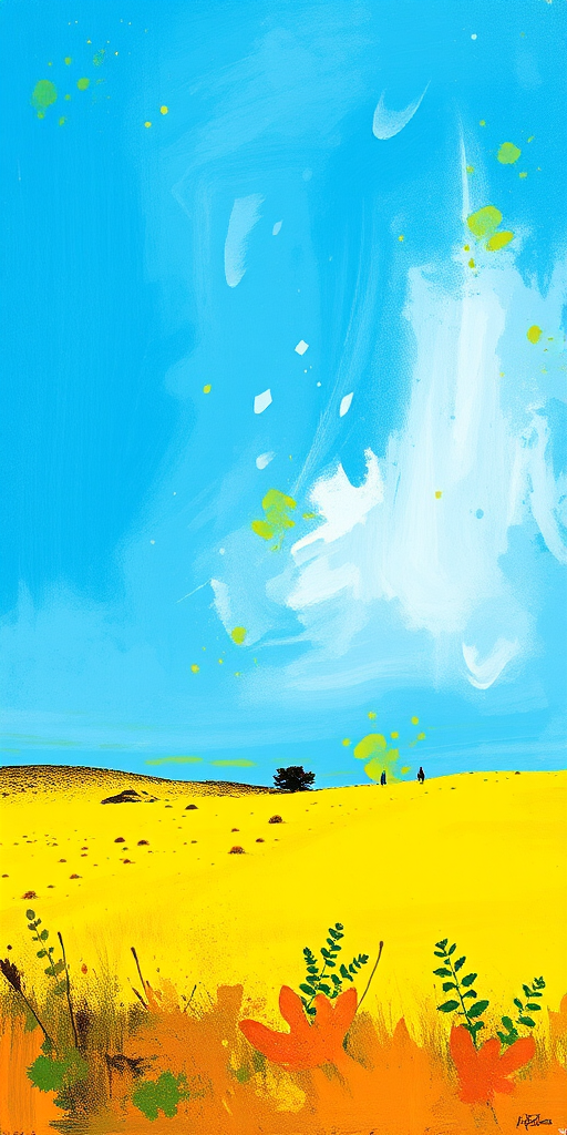 Create a vibrant abstract painting featuring a clear blue sky and a bold yellow landscape, using a high-resolution digital camera with a focal length of 50mm, aperture set to f/8, ISO 100, in natural lighting with a shallow depth of field to enhance color saturation and texture.
