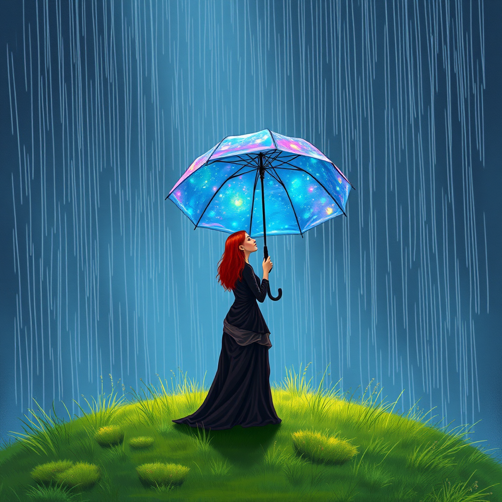 A surreal hand-drawn digital artwork depicting a mysterious red-haired woman standing on a grassy hill under the rain. She holds an umbrella crafted from iridescent zircon, its vibrant sheen contrasting with the soft, rainy atmosphere. The scene feels dreamlike, blending the natural elements of the hill and rain with the otherworldly shimmer of the umbrella.