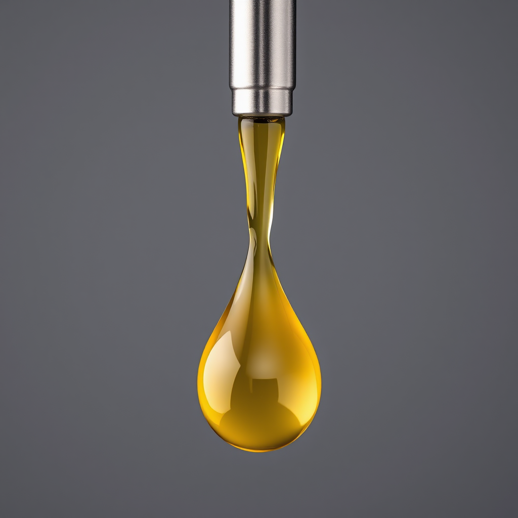 Create a high-resolution illustration of a metallic dropper with a glossy yellow liquid droplet hanging from its tip, featuring a blurred gray background, using a Canon EOS 5D Mark IV camera, 50mm f/1.8 lens, f/2.8 aperture, ISO 100, with natural lighting to enhance clarity and color vibrancy.