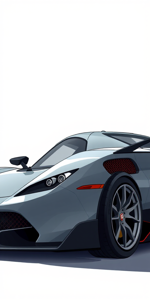 Regenerate an illustration of a sleek gray sports car with a low profile and aerodynamic design, viewed from a slightly elevated angle, using a digital art style, with bright lighting for enhanced details and textures, simulating a high-resolution digital camera at 35mm focal length, aperture set to f/2.8, ISO 100.
